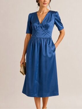 Temperley London The Theodora in Petrol Blue Silk Fitted Midi Plunge Neck Dress